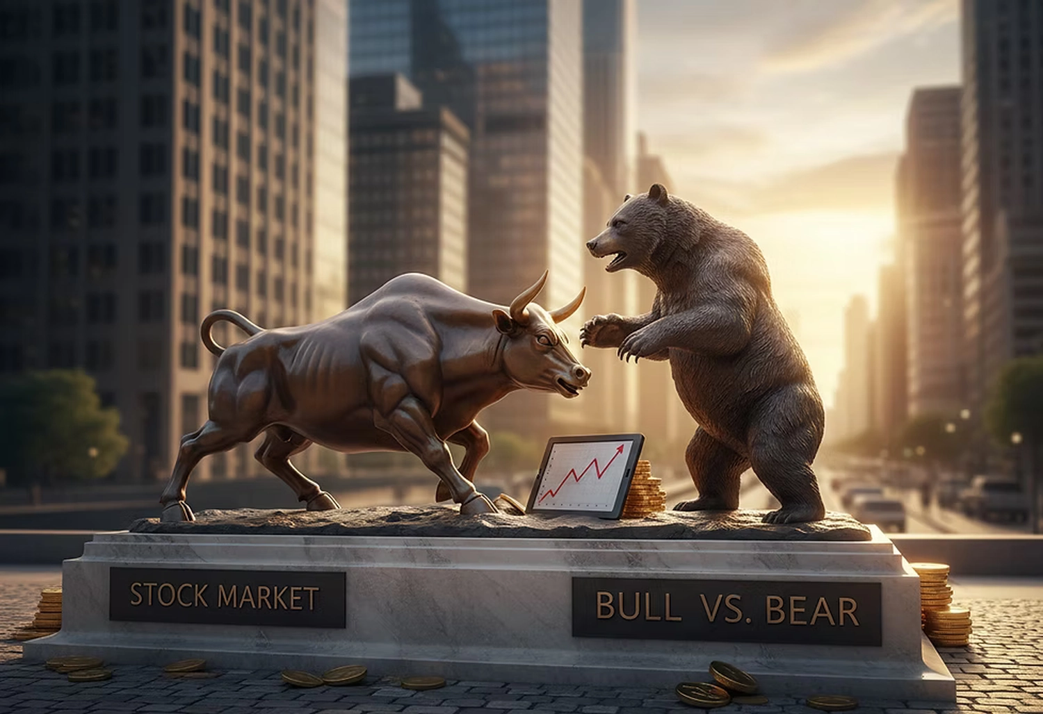 BIM - Bayerisches InvestManagement - InvestManagement - Eine Bronzestatue eines Stiers und eines Bären, die einander gegenüberstehen, mit einer Tafel, die einen steigenden Aktienkursverlauf zeigt, und Münzen zwischen ihnen, die den Kampf am Aktienmarkt symbolisieren.
